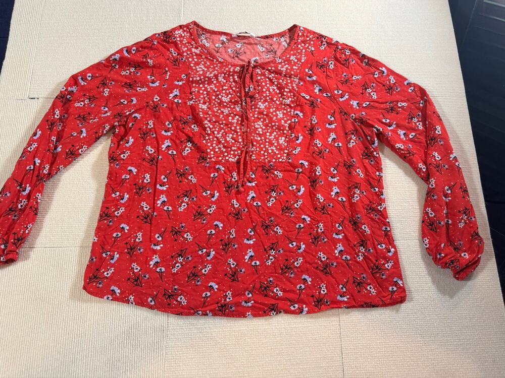Candies Women's XL Top Blouse Floral Cherry Blossoms Keyhole Neck Long Sleeve